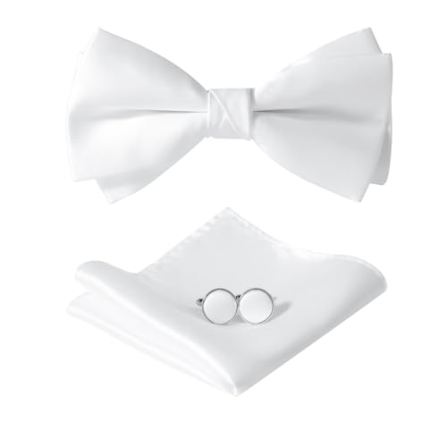 HOULIFE Fliege Herren Set - Verstellbare Fliege aus Satin Polyester Vorgebunden Fliege, einfarbige Einstecktuch, Manschettenknöpfe Set für Bräutigam Hochzeit formal mit Geschenkbox (Weiß) von HOULIFE