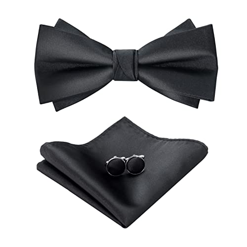 HOULIFE Fliege Herren Set - Verstellbare Fliege aus Satin Polyester Vorgebunden Fliege, einfarbige Einstecktuch, Manschettenknöpfe Set für Bräutigam Hochzeit formal mit Geschenkbox von HOULIFE