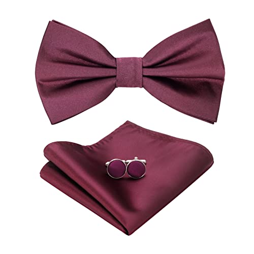 HOULIFE Fliege Herren Set - Verstellbare Fliege aus Satin Polyester Vorgebunden Fliege, einfarbige Einstecktuch, Manschettenknöpfe Set für Bräutigam Hochzeit formal mit Geschenkbox von HOULIFE