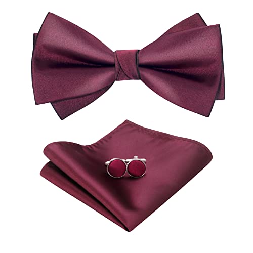 HOULIFE Fliege Herren Set - Verstellbare Fliege aus Satin Polyester Vorgebunden Fliege, einfarbige Einstecktuch, Manschettenknöpfe Set für Bräutigam Hochzeit formal mit Geschenkbox von HOULIFE