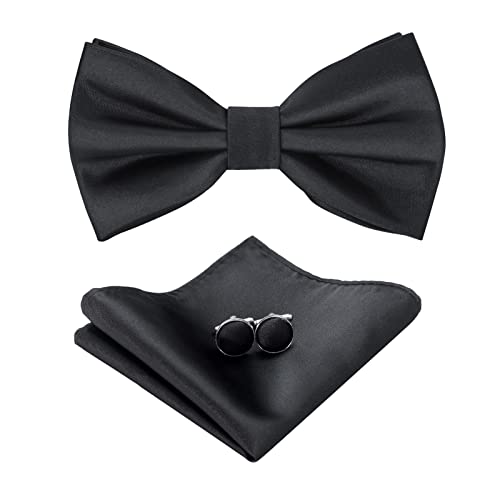 HOULIFE Fliege Herren Set - Verstellbare Fliege aus Satin Polyester Vorgebunden Fliege, einfarbige Einstecktuch, Manschettenknöpfe Set für Bräutigam Hochzeit formal mit Geschenkbox von HOULIFE