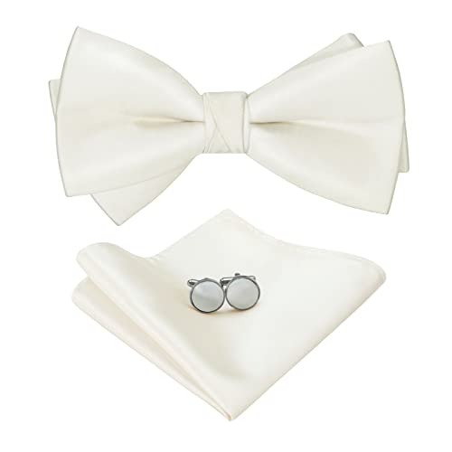 HOULIFE Fliege Herren Set - Verstellbare Fliege aus Satin Polyester Vorgebunden Fliege, einfarbige Einstecktuch, Manschettenknöpfe Set für Bräutigam Hochzeit formal mit Geschenkbox von HOULIFE