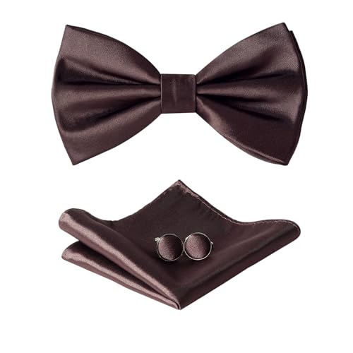 HOULIFE Fliege Herren Set - Verstellbare aus Satin Polyester Vorgebunden Fliege, einfarbige Einstecktuch, Manschettenknöpfe Set für Bräutigam Hochzeit mit Geschenkbox, Braun von HOULIFE
