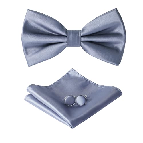 HOULIFE Fliege Herren Set - Verstellbare Fliege aus Satin Polyester Vorgebunden Fliege, einfarbige Einstecktuch, Manschettenknöpfe Set für Bräutigam Hochzeit mit Geschenkbox, Dunkelgrau von HOULIFE