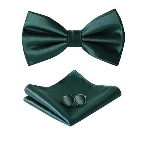 HOULIFE Fliege Herren Set - Verstellbare Fliege aus Satin Polyester Vorgebunden Fliege, einfarbige Einstecktuch, Manschettenknöpfe Set für Bräutigam Hochzeit mit Geschenkbox, Dunkelgrün von HOULIFE