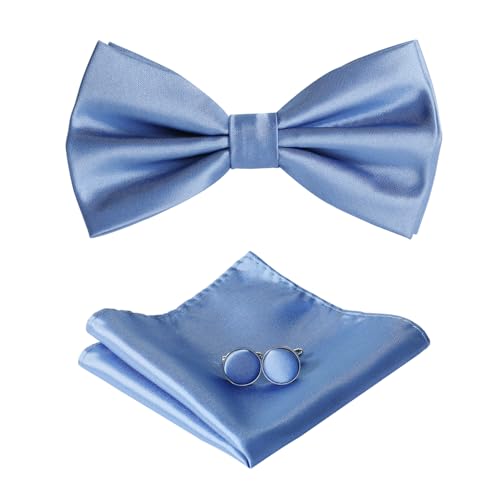 HOULIFE Fliege Herren Set - Verstellbare Fliege aus Satin Polyester Vorgebunden Fliege, einfarbige Einstecktuch, Manschettenknöpfe Set für Bräutigam Hochzeit mit Geschenkbox, Dunstblau von HOULIFE