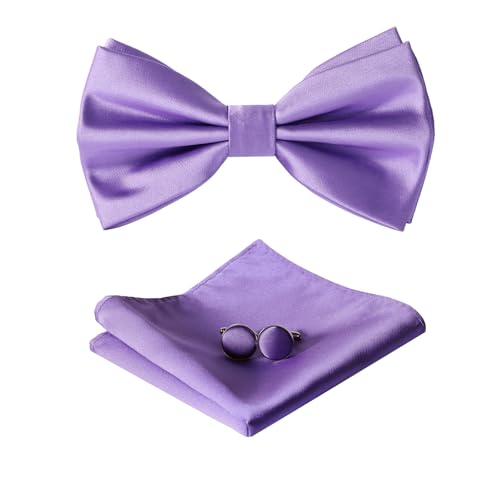 HOULIFE Fliege Herren Set - Verstellbare Fliege aus Satin Polyester Vorgebunden Fliege, einfarbige Einstecktuch, Manschettenknöpfe Set für Bräutigam Hochzeit mit Geschenkbox, Lila von HOULIFE