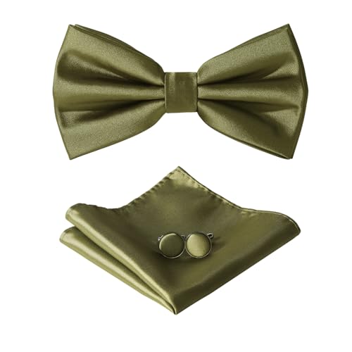 HOULIFE Fliege Herren Set - Verstellbare Fliege aus Satin Polyester Vorgebunden Fliege, einfarbige Einstecktuch, Manschettenknöpfe Set für Bräutigam Hochzeit mit Geschenkbox, Olivgrün von HOULIFE