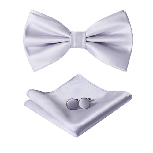 HOULIFE Fliege Herren Set - Verstellbare Fliege aus Satin Polyester Vorgebunden Fliege, einfarbige Einstecktuch, Manschettenknöpfe Set für Bräutigam Hochzeit mit Geschenkbox, Silber-Grau von HOULIFE