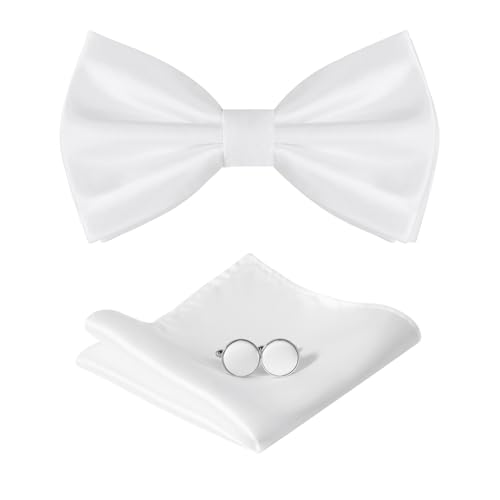 HOULIFE Fliege Herren Set - Verstellbare Fliege aus Satin Polyester Vorgebunden Fliege, einfarbige Einstecktuch, Manschettenknöpfe Set für Bräutigam Hochzeit mit Geschenkbox, Weiß von HOULIFE