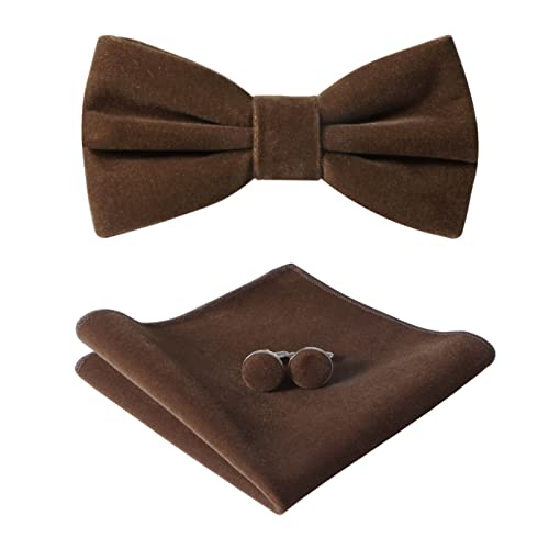 HOULIFE Fliege Set für Herren - Verstellbare Samt vorgebundene Fliege Einfarbig Einstecktuch Manschettenknöpfe Set für Bräutigam Hochzeit Party Formal mit Geschenkbox, braun, M von HOULIFE