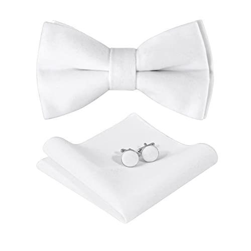 HOULIFE Fliege Set für Männer - Verstellbare Samt vorgebundene Fliege, einfarbiges Einstecktuch, Manschettenknöpfe Set für Bräutigam Hochzeit Party formell mit Geschenkbox (Doppellagige Fliege), weiß, von HOULIFE
