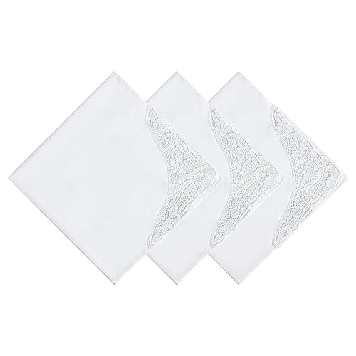 HOULIFE Stofftaschentücher Damen - Taschentuch Hochzeit, Stoff Taschentücher aus Gekämmte Baumwolle Weich Weiße Blumen Stickereien mit Spitzen, 3/6 Stücke, 43x43cm (3, Weiß 1) von HOULIFE