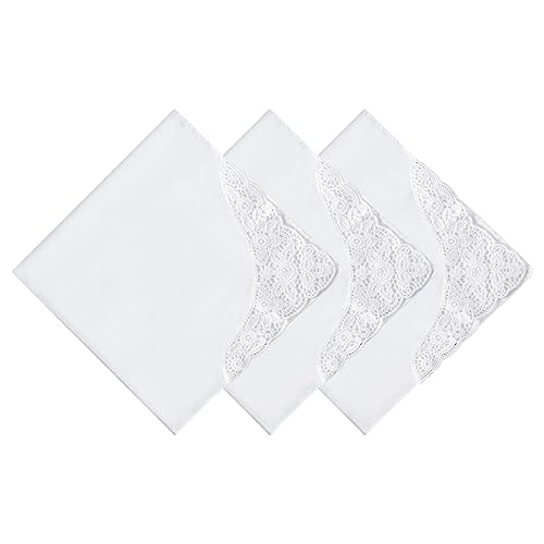HOULIFE Stofftaschentücher Damen - Taschentuch Hochzeit, Stoff Taschentücher aus Gekämmte Baumwolle Weich Weiße Blumen Stickereien mit Spitzen, 3/6 Stücke, 43x43cm (3, Weiß 3) von HOULIFE