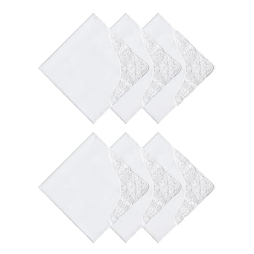 HOULIFE Stofftaschentücher Damen - Taschentuch Hochzeit, Stoff Taschentücher aus Gekämmte Baumwolle Weich Weiße Blumen Stickereien mit Spitzen, 3/6 Stücke, 43x43cm (6, Weiß 3) von HOULIFE