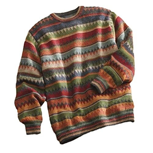 Pullover für Herren Herbst Winter Bedruckte Strickoberteile Langarm Retro Casual Stil Streifen Pullover Warme Pullover, grün, Large von HOURVNEI