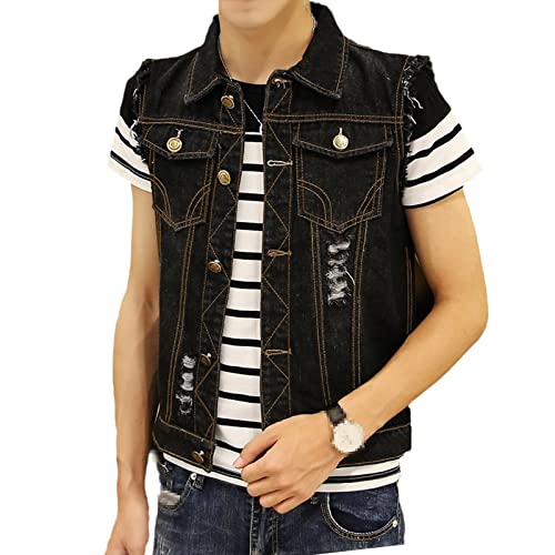 Ripped Jeans Jacke Herren Denim Weste Hip Hop Jeans Mäntel Weste Männer Cowboy Ärmellos Jacke Männlich Plus Size, Schwarz , S von HOURVNEI