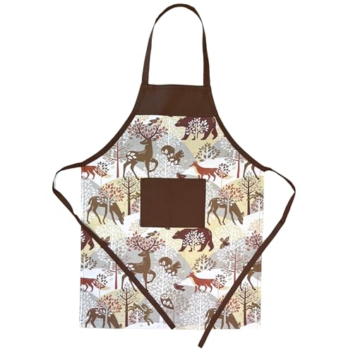 HOUSE ART LIFE Kinderschürze mit Tasche für Junge Mädche 5-10 Jahre zum Malen Kochen Backen Schürze für Kinder Baumwolle Bunt Braun Wald von HOUSE ART LIFE