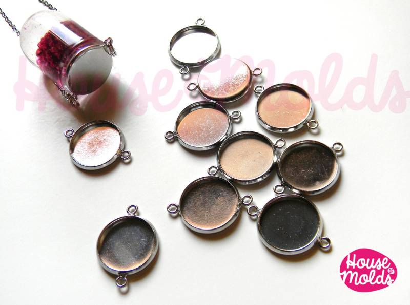 Platin Überzogener Messingkleber Auf Flachen Verbindern Für Anhänger Oder Cabochon Mit Einem Durchmesser Von 16 Mm, 2 Links An Den Seiten, Wenn von HOUSEOFMOLDS