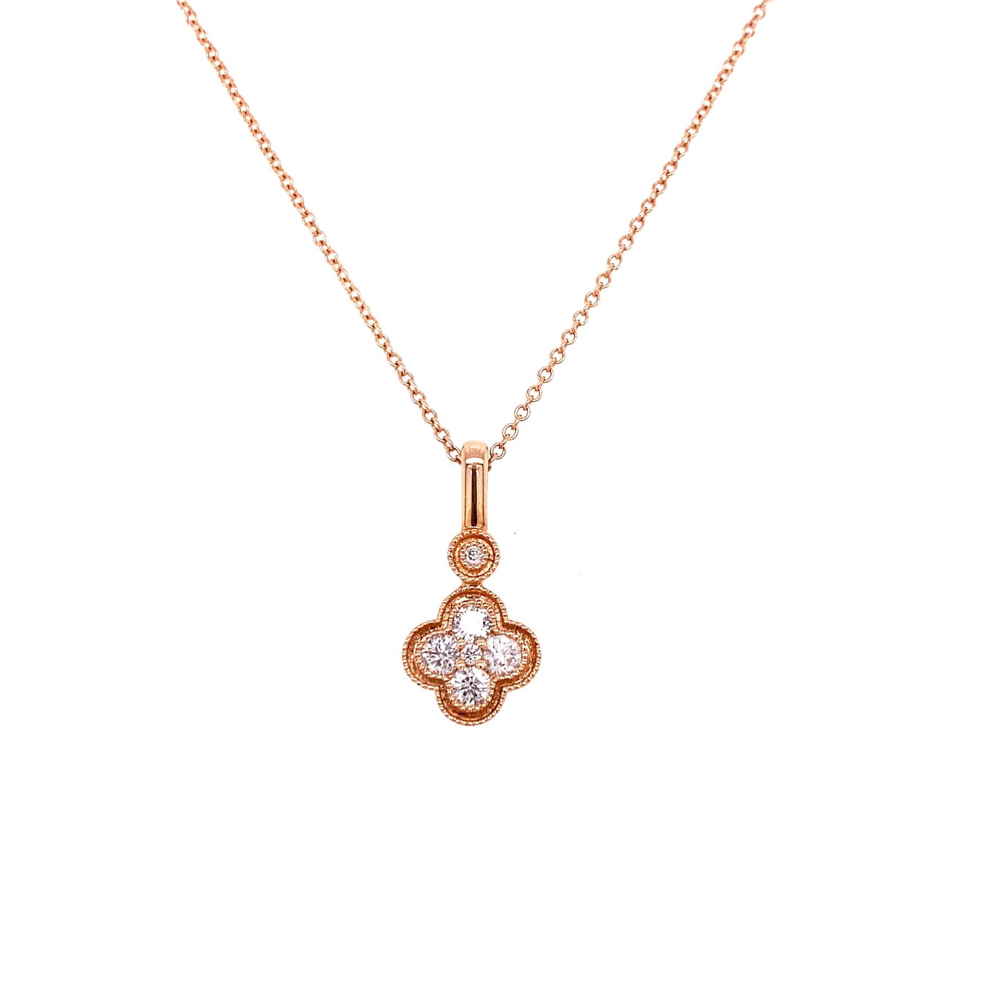 14K Rose Gold Perlen Halo Klee Diamant Anhänger Halskette von HOUSEdeBIJOUX