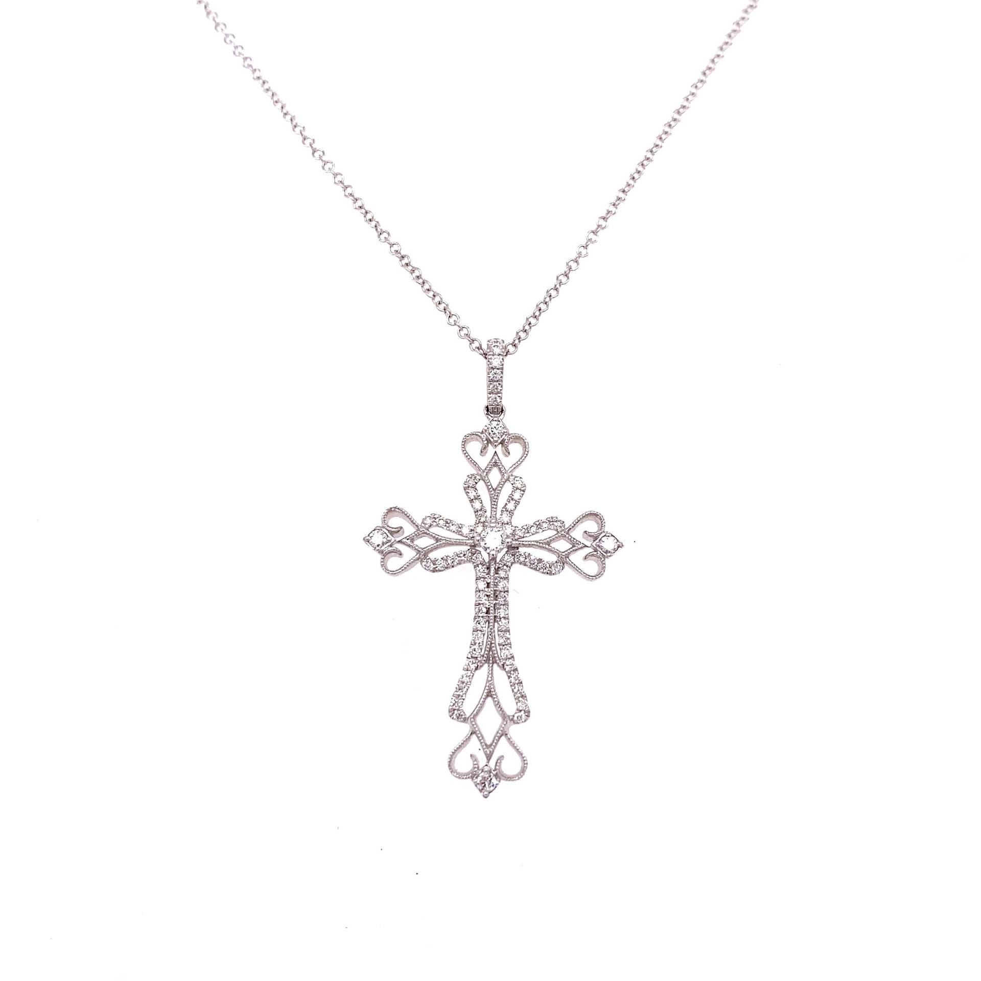 14K Weißgold Diamant Antik/Filagree Stil Kreuz Anhänger Religiöser Kruzifix von HOUSEdeBIJOUX