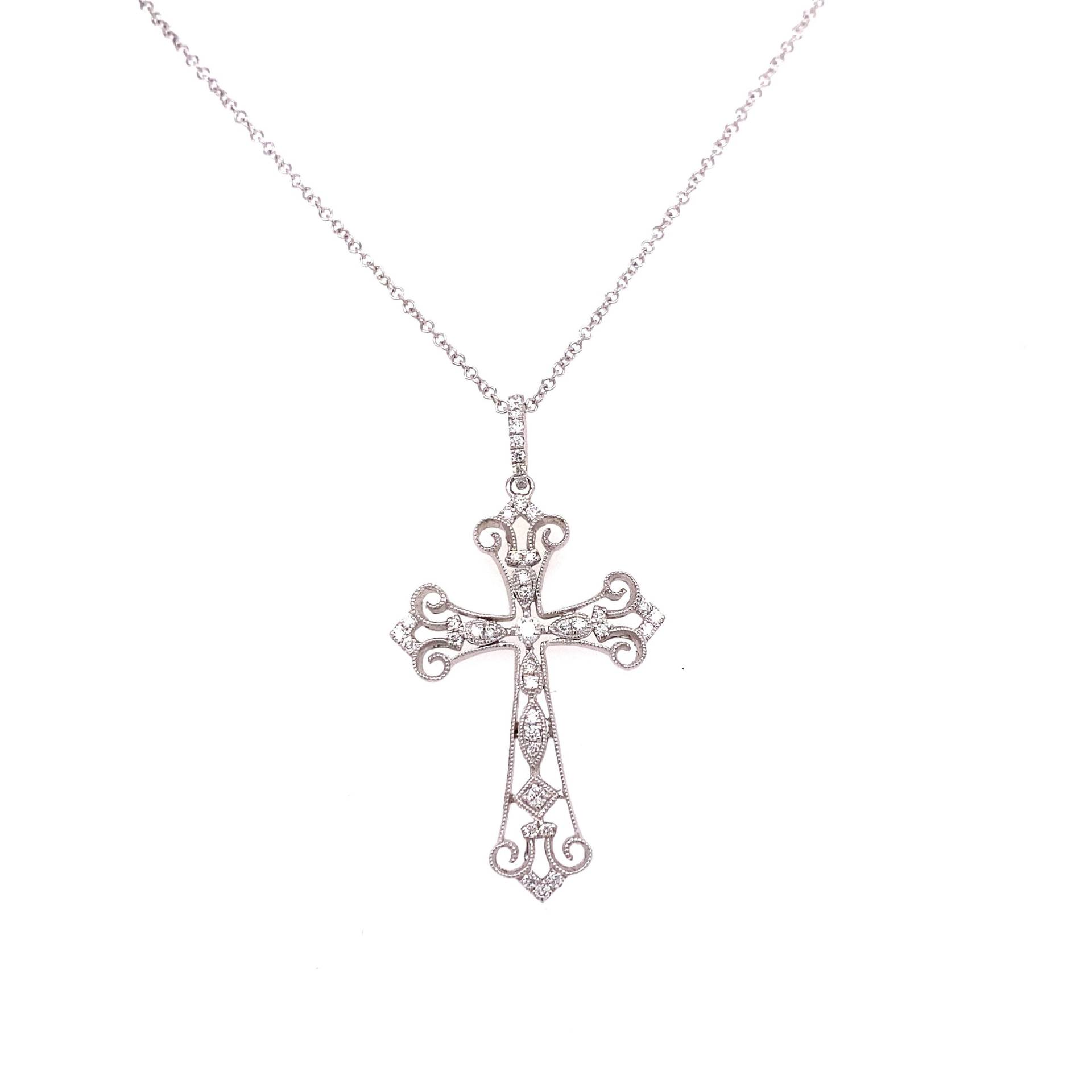 14K Weißgold Diamant Antik/Filagree Stil Kreuz Anhänger Religiöser Kruzifix von HOUSEdeBIJOUX