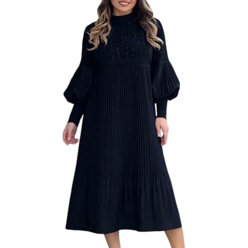Elegantes Kleid mit Laternenärmeln in Volltonfarbe, lässiges Sommerkleid für Damen, elegantes, fließendes Kirchenkleid mit langen Ärmeln, formelles Sommerkleid in Übergröße mit Tunika (XXL,Schwarz) von HOUXIANDOU