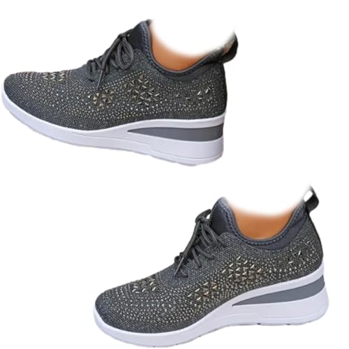 HOUXIANDOU Atmungsaktive orthopädische Sportschuhe für Damen, lässig und modisch, mit Strasssteinen verziert, Bequeme orthopädische Tennisschuhe bei Plantarfasziitis (Grau,43) von HOUXIANDOU