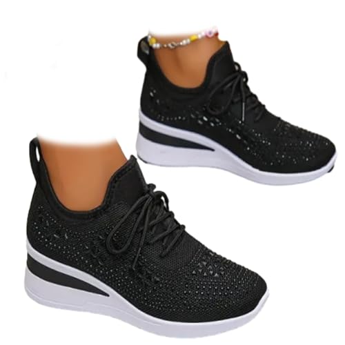 HOUXIANDOU Atmungsaktive orthopädische Sportschuhe für Damen, lässig und modisch, mit Strasssteinen verziert, Bequeme orthopädische Tennisschuhe bei Plantarfasziitis (Schwarz,37) von HOUXIANDOU