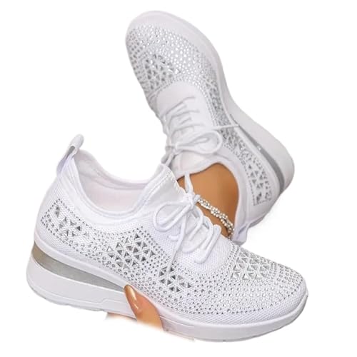 HOUXIANDOU Atmungsaktive orthopädische Sportschuhe für Damen, lässig und modisch, mit Strasssteinen verziert, Bequeme orthopädische Tennisschuhe bei Plantarfasziitis (Weiß,37) von HOUXIANDOU