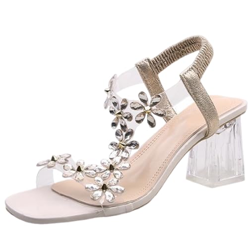 HOUXIANDOU Damen-Sandalen Mit Blockabsatz, Blumen Und Strasssteinen, Strass-Sandalen Mit Eckiger Zehenpartie, Offene Zehensandalen Mit Knöchelriemen Und Absatz (Beige,37) von HOUXIANDOU