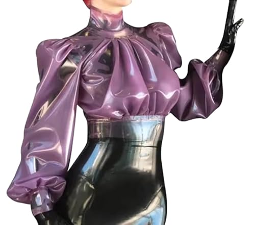 HOUXINQWWP Transparente lila Blusen mit Puff langen Ärmeln Reißverschluss Gummi Kleider Top Rüschen um den Kragen, 5XL, Lila von HOUXINQWWP