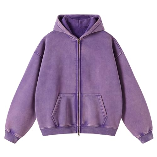 HOUZONIY Herren Oversized Basic Zip Hoodie Y26k Hip Hop Kapuzenpullover mit Reißverschluss Lässig Streetwear Sweatjacke Herren mit Kapuze Pullover Jacke(Lila(Thickened) 2XL) von HOUZONIY