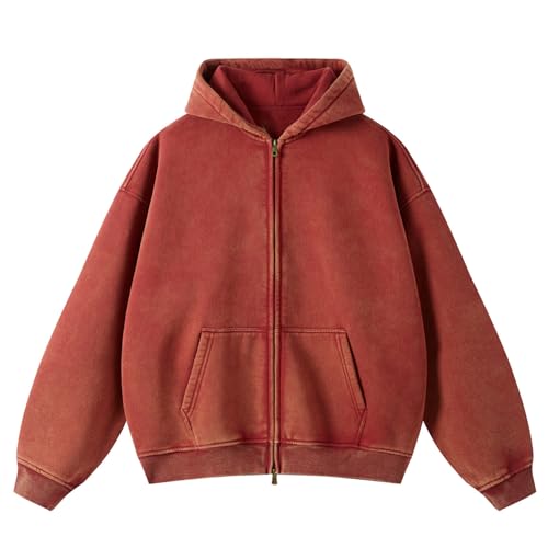Herren Oversized Basic Zip Hoodie Y27k Hip Hop Kapuzenpullover mit Reißverschluss Lässig Streetwear Sweatjacke Herren mit Kapuze Pullover Jacke(Rot(Thickened) S) von HOUZONIY