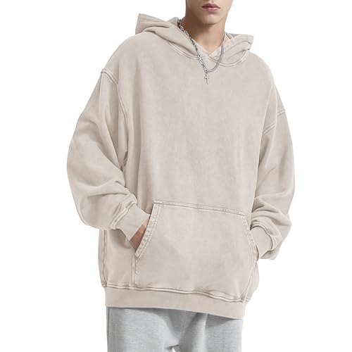 HOUZONIY Herren Oversized Vintage Hoodie, Herren Wash Raglan Kapuzenpullover, Basic Casual Pullover Mit Kapuze Dünn Sweatshirt Streetwear Kapuzenpullover(Aprikose(mit Kapuze) L) von HOUZONIY