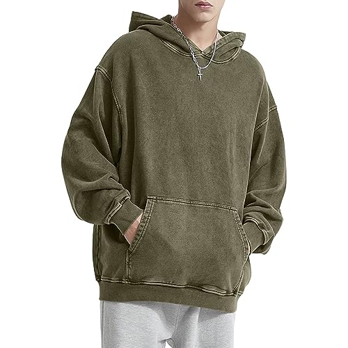 HOUZONIY Herren Oversized Vintage Hoodie, Herren Wash Raglan Kapuzenpullover, Basic Casual Pullover Mit Kapuze Dünn Sweatshirt Streetwear Kapuzenpullover(Armeegrün(mit Kapuze) L) von HOUZONIY