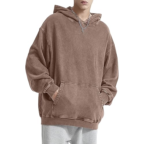 HOUZONIY Herren Oversized Vintage Hoodie, Herren Wash Raglan Kapuzenpullover, Basic Casual Pullover Mit Kapuze Dünn Sweatshirt Streetwear Kapuzenpullover(Bronze(mit Kapuze) XL) von HOUZONIY