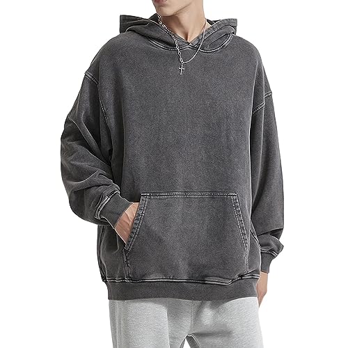 HOUZONIY Herren Oversized Vintage Hoodie, Herren Wash Raglan Kapuzenpullover, Basic Casual Pullover Mit Kapuze Dünn Sweatshirt Streetwear Kapuzenpullover(Grau(mit Kapuze) S) von HOUZONIY