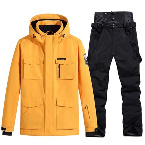 HOUZONIY Herren Skianzug Schneeanzug Atmungsaktiv Winddichte Schneehose Schneejacke mit Abnehmbare Kapuzen zum Skifahren Snowboarden Skisuit(Gelb+Schwarz 2XL) von HOUZONIY