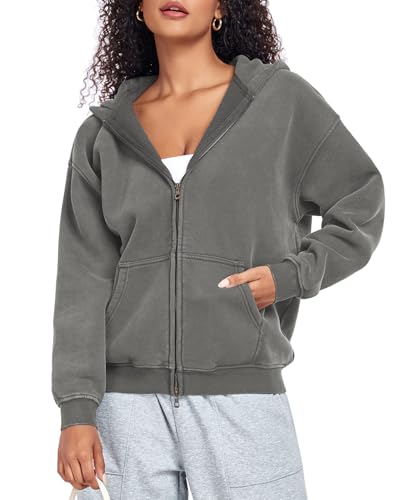 HOUZONIY Hoodie Damen Sweatjacke Kapuzenjacke Oversize Reißverschluss Fleece Sweatshirt Einfarbig Herbst Jacken Y2k Kapuzenpullover von HOUZONIY