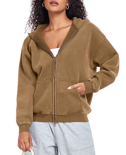 HOUZONIY Hoodie Damen Sweatjacke Kapuzenjacke Oversize Reißverschluss Fleece Sweatshirt Einfarbig Herbst Jacken Y2k Kapuzenpullover von HOUZONIY