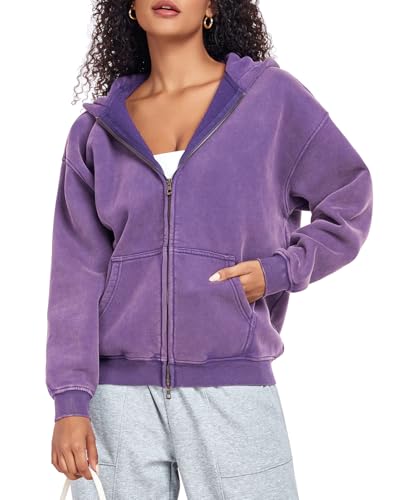 HOUZONIY Hoodie Damen Sweatjacke Kapuzenjacke Oversize Reißverschluss Fleece Sweatshirt Einfarbig Herbst Jacken Y2k Kapuzenpullover von HOUZONIY