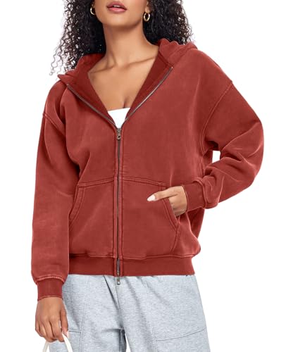 HOUZONIY Hoodie Damen Sweatjacke Kapuzenjacke Oversize Reißverschluss Fleece Sweatshirt Einfarbig Herbst Jacken Y2k Kapuzenpullover von HOUZONIY
