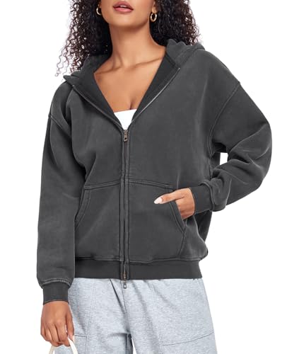 HOUZONIY Hoodie Damen Sweatjacke Kapuzenjacke Oversize Reißverschluss Fleece Sweatshirt Einfarbig Herbst Jacken Y2k Kapuzenpullover von HOUZONIY