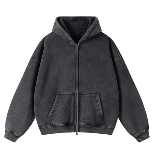 HOUZONIY Oversized Herren Basic Zip Hoodie Y2k Hip Hop Kapuzenpullover mit Reißverschluss Lässig Streetwear Sweatjacke Herren mit Kapuze Pullover Jacke von HOUZONIY