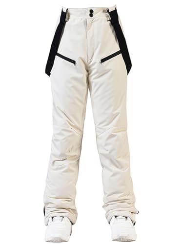 HOUZONIY Skihose für Damen, Thermo Snowboardhose, Outdoorhose für Damen, Verstellbarer Bund, mit abnehmbaren Hosenträgern, Skibekleidung(Beige L) von HOUZONIY