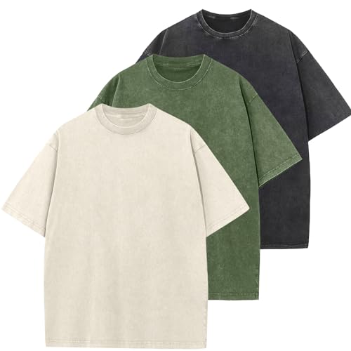 Oversized T-Shirt für Herren Heavy Baumwolle Regular Fit Basic Männer T-Shirt Set Casual Sommer Tops(Beige/Armeegrün/Schwarz L) von HOUZONIY
