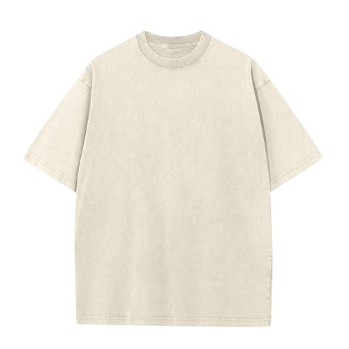 Oversized T-Shirt für Herren Heavy Baumwolle Regular Fit Basic Männer T-Shirt Set Casual Sommer Tops(Beige XL) von HOUZONIY