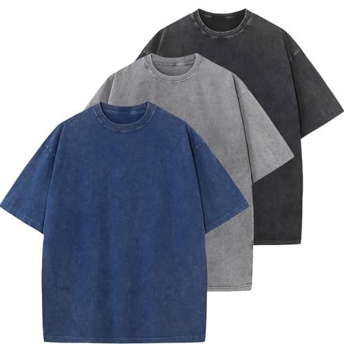 Oversized T-Shirt für Herren Heavy Baumwolle Regular Fit Basic Männer T-Shirt Set Casual Sommer Tops(BlauGrauSchwarz S) von HOUZONIY