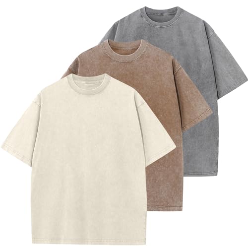 Oversized T-Shirt für Herren Heavy Baumwolle Regular Fit Basic Männer T-Shirt Set Casual Sommer Tops(BraunBeigeGrau XL) von HOUZONIY